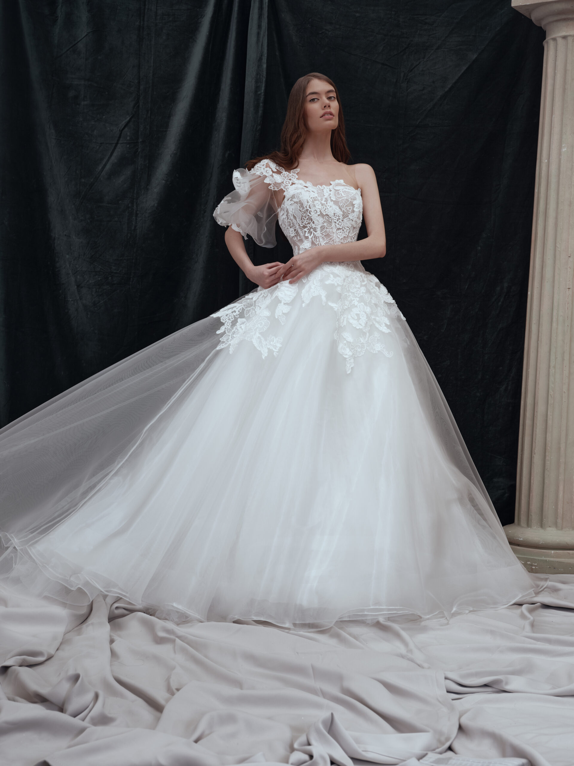 A woman wearing a white, elegant ball gown with floral lace details and one sheer, puffy sleeve stands on draped fabric in front of a dark backdrop and a classical column.